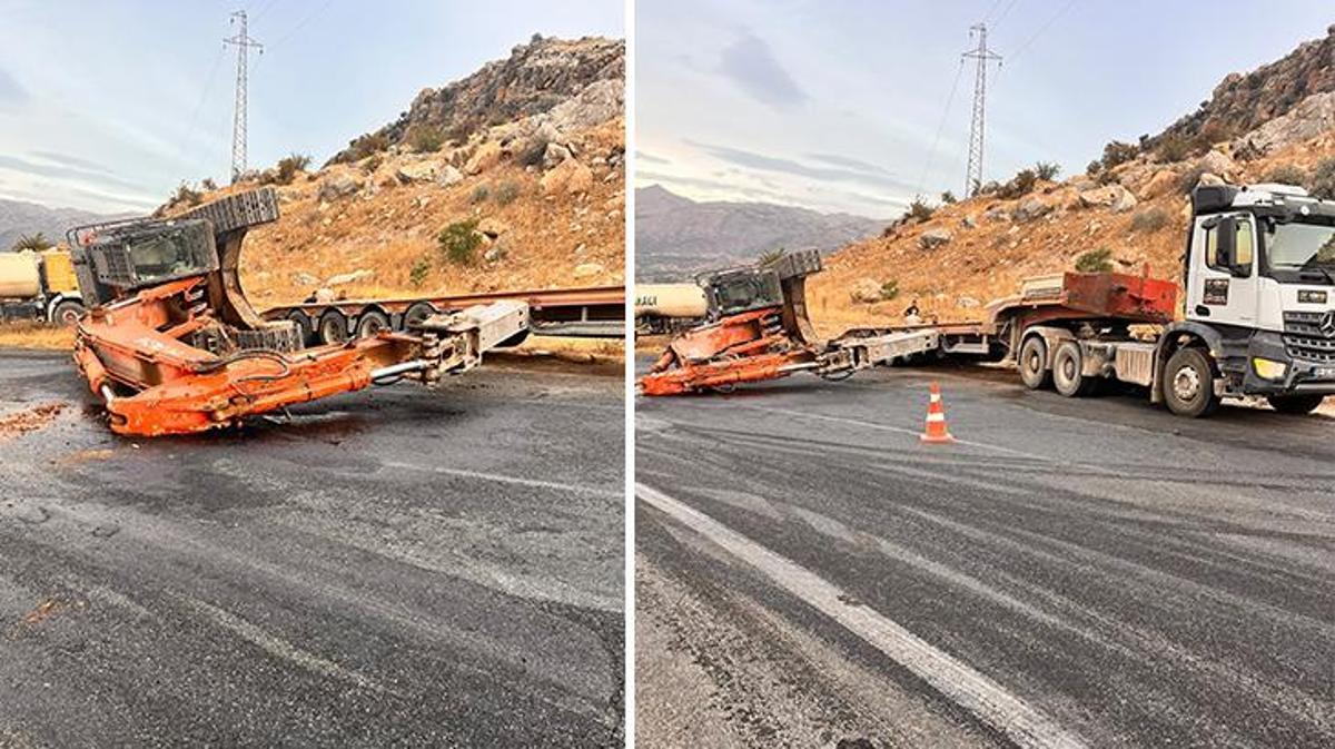 Adıyaman'da tır üzerindeki kepçe yola devrildi, yol kapandı