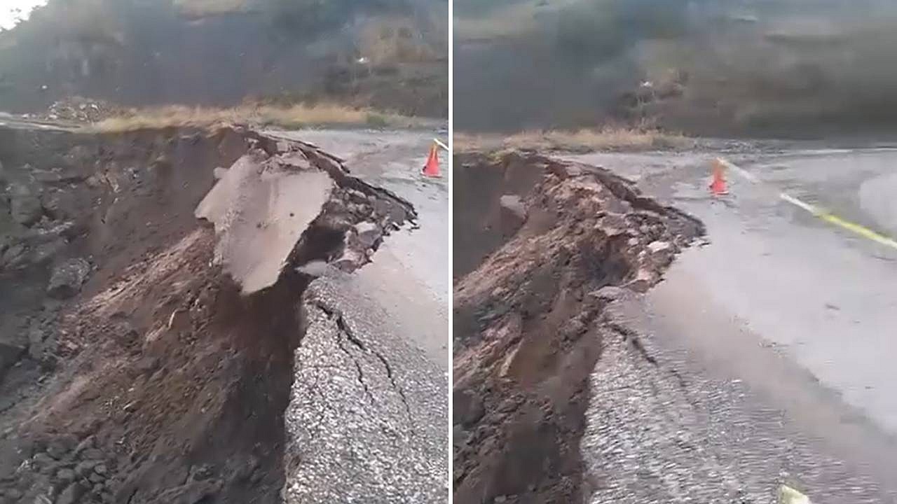Tokat'ta heyelan sonucu köy yolunda çökme meydana geldi