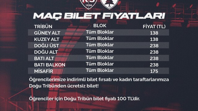 Kayserispor ile Muğlaspor maçının bilet fiyatları açıklandı