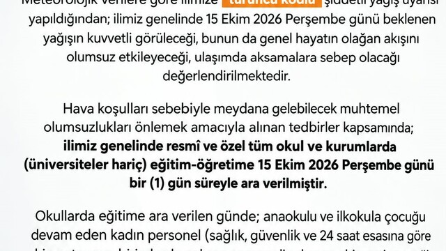Sakarya'da okullar 1 gün tatil edildi
