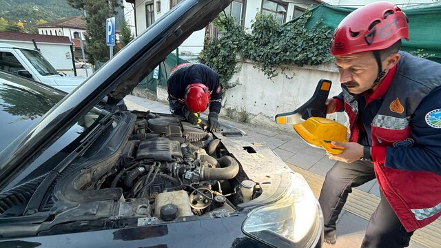 Sakarya'da otomobil motorunda sıkışan yavru kedi kurtarıldı