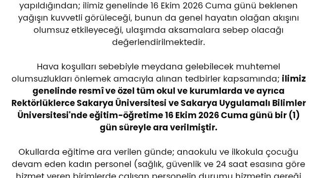 Sakarya'da şiddetli yağış nedeniyle eğitim tatil
