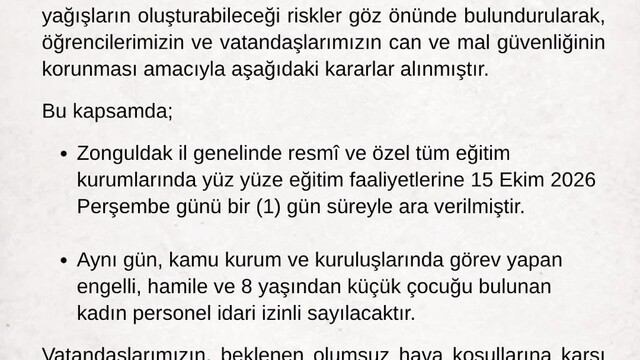 Zonguldak'ta beklenen yağış nedeniyle eğitime ara verildi