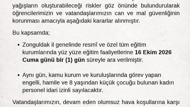 Zonguldak'ta kuvvetli yağış nedeniyle okullara ara verildi